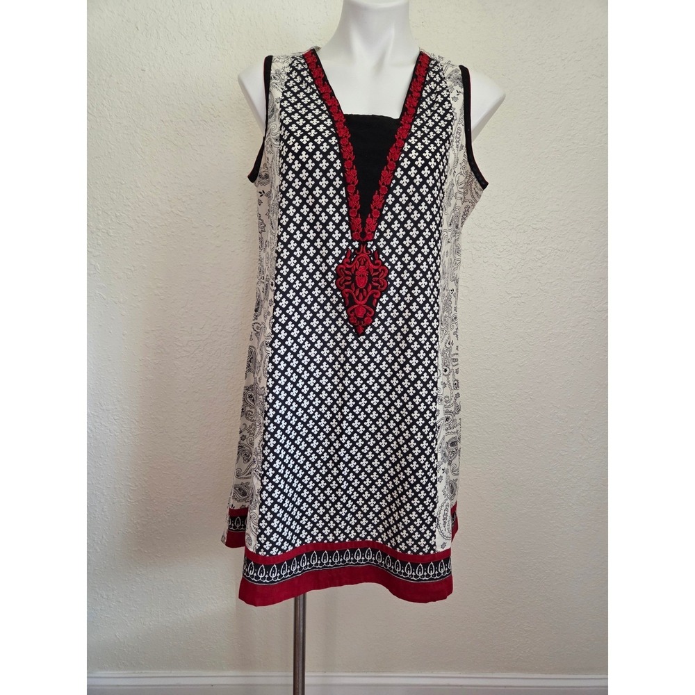 Rangmanch Womens XL Sleeveless Tunic‎ Dress Black White Paisley Red Embroidery